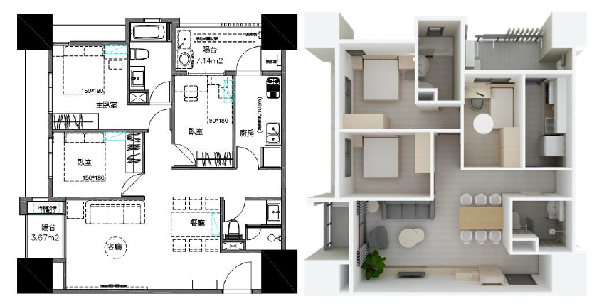 圖4-3:青年社會住宅2區 三房型空間示意圖