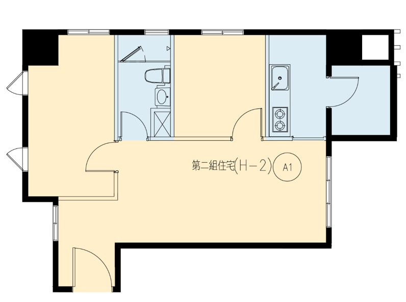 圖3-2 二房型(1廳+2房+1衛浴)空間示意圖