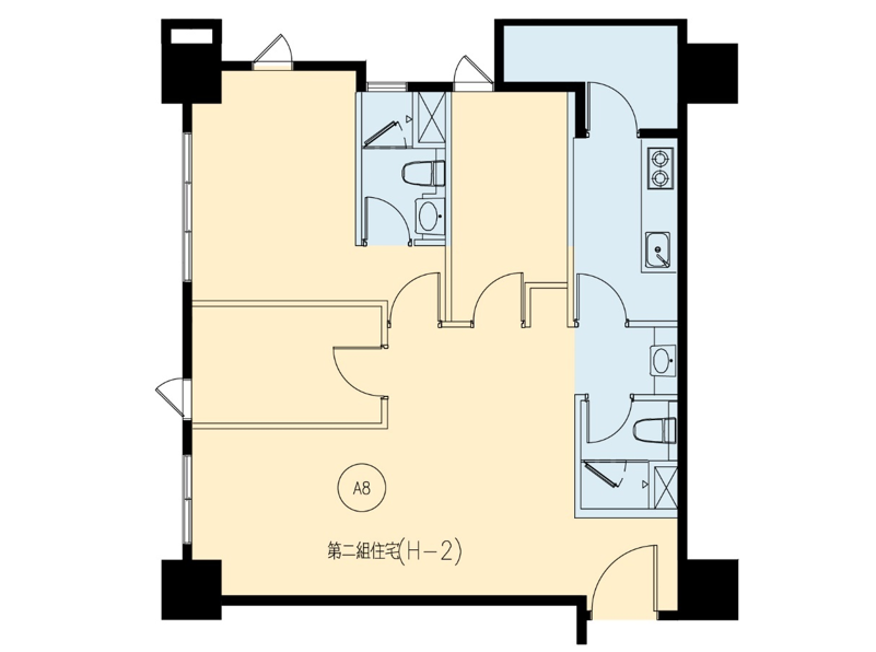 圖3-2 三房型(1廳+3房+2衛浴)空間示意圖