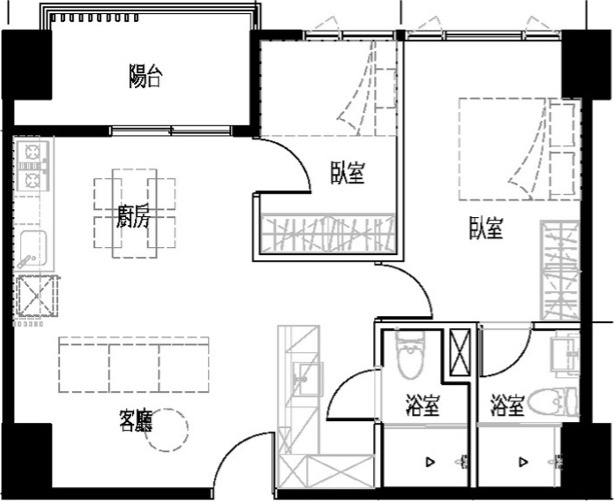 一房型(1廳+1房+1衛浴)空間示意圖